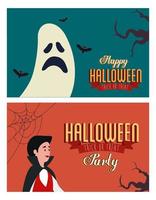 Set Poster von Party Halloween mit verkleidetem Mann und Geist vektor