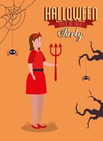 Plakat der Party Halloween mit Frau, die des Teufels verkleidet ist vektor
