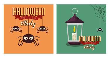 uppsättning affisch halloween med spindlar och lampa vektor