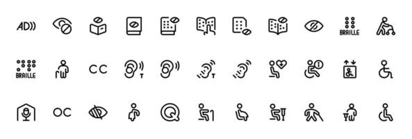 handikapp med teknologi, värld handikapp dag, handikappade eller Inaktiverad människor, Inaktiverad handikapp ikoner uppsättning vektor redigerbar stroke översikt ikon isolerat på vit bakgrund platt vektor illustration.