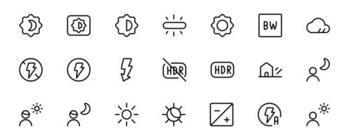 Kamera Licht Modus Symbole, Beleuchtung Funktion Symbol Gliederung eben Symbol zum Apps Symbol Vektor auf Weiß Hintergrund