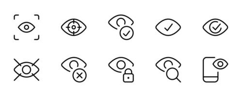 Auge Identifizierung Symbole, Auge Anerkennung Symbole, Retina Scan. Iris Anerkennung Symbol einstellen isoliert. Iris Scanner Symbol, optisch Scannen Vektor Symbol