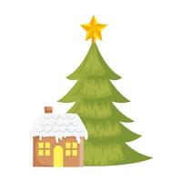 Haus mit Schnee und Kiefer Weihnachten isolierte Ikone vektor