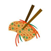 Kimchi Vektor Symbol. Koreanisch Essiggurke gemacht von Chinesisch Kohl mit Grün Zwiebeln, Möhren, Chili, und Gewürze. fermentiert Gemüse auf Essstäbchen. köstlich würzig asiatisch Lebensmittel. eben Clip Art zum Logo, drucken