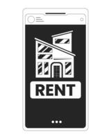 Vermietung Handy, Mobiltelefon App zum mieten Wohnung schwarz und Weiß 2d Linie Karikatur Objekt. Miete Eigentum Smartphone isoliert Vektor Gliederung Artikel. Umzug Zuhause Telefon monochromatisch eben Stelle Illustration