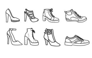 annorlunda av sko översikt - hög hälar, cowboy stövlar, vandring stövlar, sneakers. mode för falla säsong. vektor