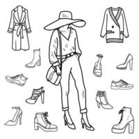 fallen Jahreszeit, Mode Outfit Gliederung - - hoch Fersen, Cowboy Stiefel, Wandern Stiefel, Turnschuhe. vektor