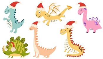 drakar i en santa claus hatt. söt dinosaurier för ny år och jul. symbol av 2024. vektor hand dragen illustration.