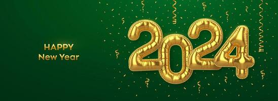 glücklich Neu 2024 Jahr. golden vereiteln Ballon Zahlen auf Grün Hintergrund. hoch detailliert 3d realistisch Gold vereiteln Helium Luftballons. fröhlich Weihnachten und glücklich Neu Jahr 2024 Gruß Karte. Vektor Illustration.