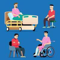 patient i sjukhus vektor illustration. tecknad serie man med bruten ben, skadade man i rullstol och patient i amning Hem isolerat på blå bakgrund.