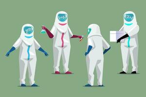 läkare i skyddande kostym uppsättning. uppsättning av tecken i de form av doktorer i skyddande Kläder under ett epidemi av viral infektion. vektor illustration