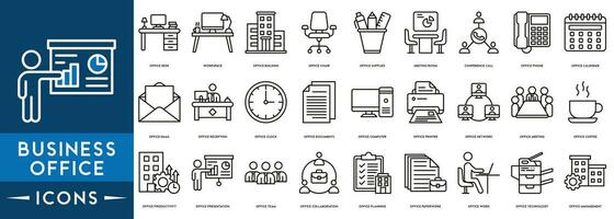 Geschäft Büro Linie Symbole einstellen Büro Kommunikation Unterlagen, Zusammenarbeit, Planung, Papierkram, arbeiten, Technologie, Management, Büro Produktivität vektor