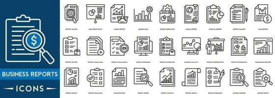 Geschäft Berichte Symbole verbunden zu Analyse, Infografik, Analytik. editierbar Schlaganfall. Vektor Illustration.