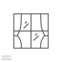 Fenster Vorhänge Symbol. einfach Gliederung Stil. Fenster Rahmen mit Vorhänge, Konstruktion, Zimmer, Haus, Zuhause Innere Konzept. dünn Linie Symbol. Vektor Illustration isoliert. editierbar Schlaganfall.