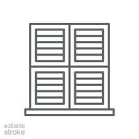 Fenster mit Walze Jalousie Symbol. einfach Gliederung Stil. blind, geschlossen, Konstruktion, Zimmer, Haus, Zuhause Innere Konzept. dünn Linie Symbol. Vektor Illustration isoliert. editierbar Schlaganfall.