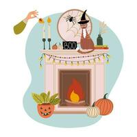 Halloween Stil Innere. Kamin dekoriert zum Urlaub. weiblich Hand ist Funken aus Kerzen. Halloween Zimmer Dekoration. eben Stil Vektor Illustration.