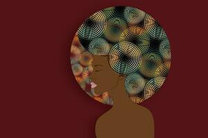 Porträt afrikanisch amerikanisch Frau im ethnisch Turban, dunkel Haut weiblich Gesicht mit afro lockig Haar Konzept, Schönheit Logo Design, Frisur Salon, Vektor isoliert oder dunkel rot Hintergrund