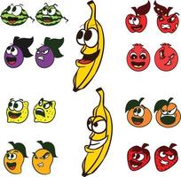 glad arg frukt och grönsaker frukt med olika uttryck vektor