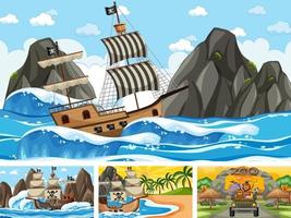 verschiedene Szenen mit Piratenschiff am Meer und Tieren im Zoo vektor