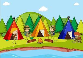 Campingplatzszene mit Zelten und vielen Kindern vektor