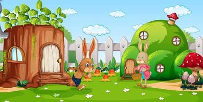 Gartenszene mit Zeichentrickfigur der Kaninchenfamilie vektor