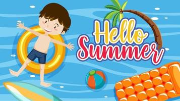 hallo sommerbanner mit einem jungen, der auf einem schwimmring im pool liegt vektor