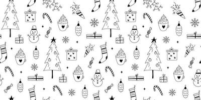 jul och ny år klotter sömlös mönster. ritad för hand linje konst. översikt vinter- motiv. bakgrund, baner, digital papper. vektor
