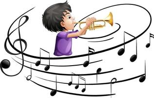 Zeichentrickfigur eines Mannes, der Trompete mit musikalischen Melodiesymbolen spielt vektor