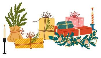 Weihnachten Geschenk Kisten im Papier Verpackung, Winter Urlaub Dekoration, Weihnachten Ornament, Kerzen Komposition. Neu Jahr die Geschenke, Sachen. Vektor Hand zeichnen Illustration isoliert auf Weiß Hintergrund