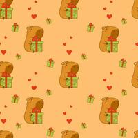 nahtlos Muster. süß Tier Karikatur Capybara mit Geschenk auf Gelb Hintergrund mit Herzen. Vektor Illustration zum festlich Design, Hintergrund, Verpackung, Textil. Kinder Sammlung.
