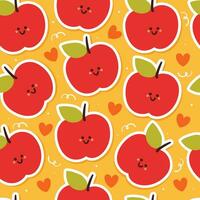 sömlös mönster tecknad serie äpple karaktär med hjärtan i gul bakgrund. söt frukt tapet för gåva slå in papper vektor
