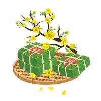 vietnamese traditionell lunar ny år vektor uppsättning. vietnamese ny år kök och blomma. chung kaka vektor och ochna integerrima träd gren vektor. banh chung, hoa maj. vietnamese tet. tet Semester.