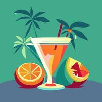 illustration av en cocktail i en Martini glas. en dryck i en glas med en sugrör och små handflatan träd i de bakgrund. vektor platt illustration av en sommar citrus- cocktail på en ljus bakgrund.