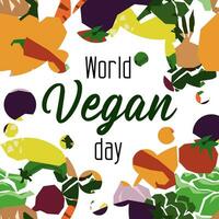 vektor platt illustration av de internationell vegan dag. lämplig för hälsning kort, affisch och baner. geometrisk grönsaker på en vit bakgrund med ett inskrift. cirklar med textur