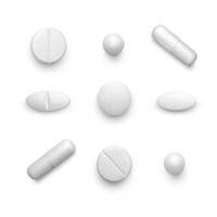 realistisk piller. uppsättning av vit läkemedel kapslar. apotek och medicin. antibiotikum eller vitamin tabletter topp se. vektor illustration