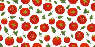 sömlös mönster annorlunda färgrik tomater och grönt i platt vektor stil på vit bakgrund. för skriva ut, textil, bakgrund, omslag.