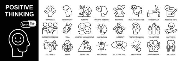 positiv Denken linear Symbole einstellen .Emotion Management, gesund Lebensstil, Vertrauen, Vorstellung, gut Traum, Yoga, Meditation. einfach Gliederung Symbole. vektor