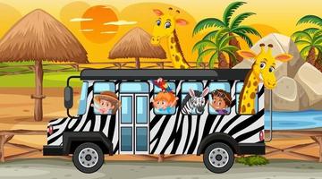 Safari bei Sonnenuntergang mit Kindern und Tieren im Bus vektor