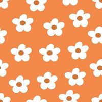 nahtlos Muster mit Weiß Blumen auf Orange Hintergrund. süß Herbst Design. Jahrgang groovig Gänseblümchen Blumen. Hand gezeichnet isoliert Vektor Illustration