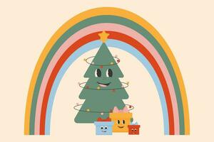 Vektor groovig Hippie Weihnachten. Regenbogen, Weihnachten Baum, Geschenk Kisten im modisch retro Karikatur Stil. fröhlich Weihnachten und glücklich Neu Jahr Gruß Karte, Banner, drucken, Einladung, Hintergrund.