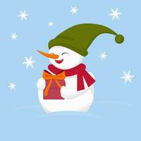 süß Schneemann mit ein Weihnachten Geschenk auf Blau Hintergrund, Schnee ist fallen. Vektor Illustration. Neu Jahre Karte