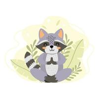 Waschbär ist beschäftigt, verlobt im Yoga. Vektor Illustration von ein meditieren Tier. Wald Tier. süß Waschbär im Karikatur Stil auf das Hintergrund von Blätter. kreativ Illustration. T-Shirt drucken. isoliert