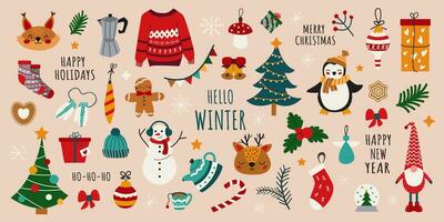 stor vektor vinter- uppsättning. jul uppsättning. ny år. jul träd, snögubbe, ren, snöflingor, Tröja, tekanna, strumpor, inskrift. samling av vinter- element för scrapbooking. hand dragen stil.