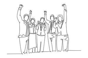Single kontinuierlich Linie Zeichnung von jung glücklich männlich und weiblich Arbeiter erziehen ihr Hände oben zu das Himmel zusammen. Geschäft Zusammenarbeit Feier. dynamisch einer Linie zeichnen Grafik Design Vektor Illustration