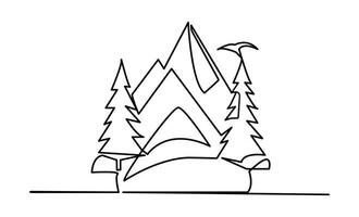 einer kontinuierlich Linie Zeichnung von Berg Angebot Landschaft und Tannen. Vektor Illustration