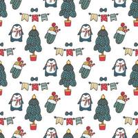 Stilvolles nahtloses Muster der frohen Weihnachten mit Pinguin, Baum, Geschenken vektor