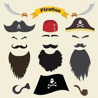 uppsättning piratelement, skägg, mustascher, ögonbryn, hattar, bandanas vektor