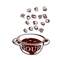 en skål av soppa och flygande krutonger. vektor illustration av mat i grafisk stil. design element för menyer av restauranger, kaféer, mellanmål barer, mat etiketter, täcker.