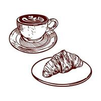Tasse von Kaffee und Croissant auf ein Platte. Vektor Illustration von Frühstück im Grafik Stil. Design Element zum Menüs von Restaurants, Cafés, Essen Etiketten, Abdeckungen, Karten.