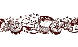kopp av kaffe, munkar, croissanter, cheesecake, sked. vektor illustration av en sömlös gräns i grafisk stil. design element för menyer av restauranger, kaféer, mat etiketter, täcker.